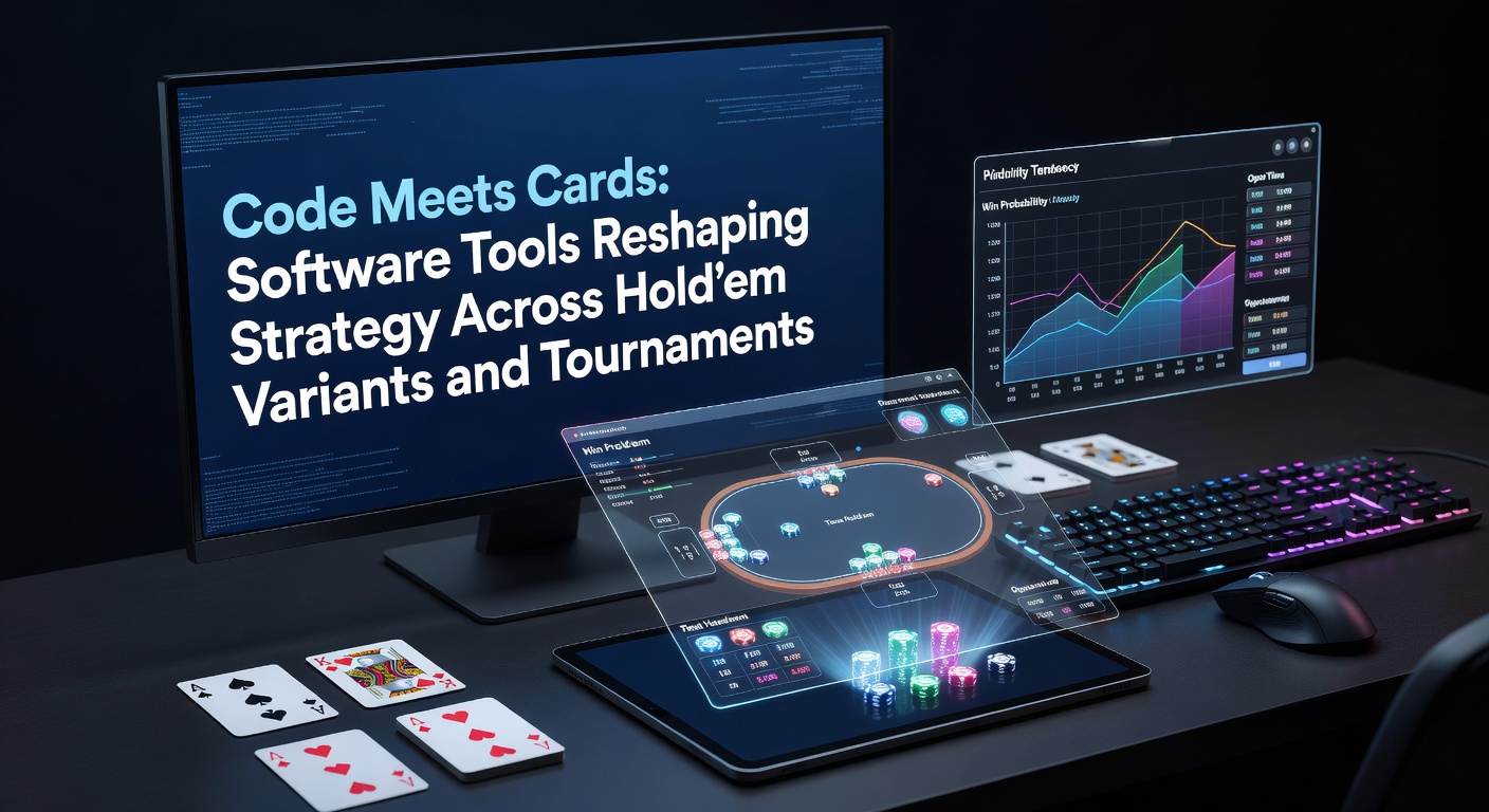 Illustration moderner Poker-Software-Tools mit Karten und Code-Elementen auf einem Tisch