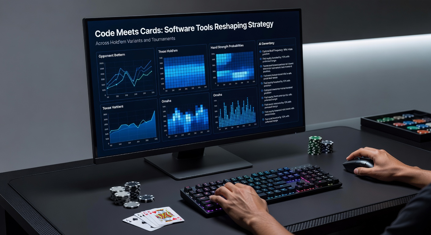 Spieler analysiert Poker-Hand mit Software-Diagrammen und Turnier-Statistiken auf dem Bildschirm