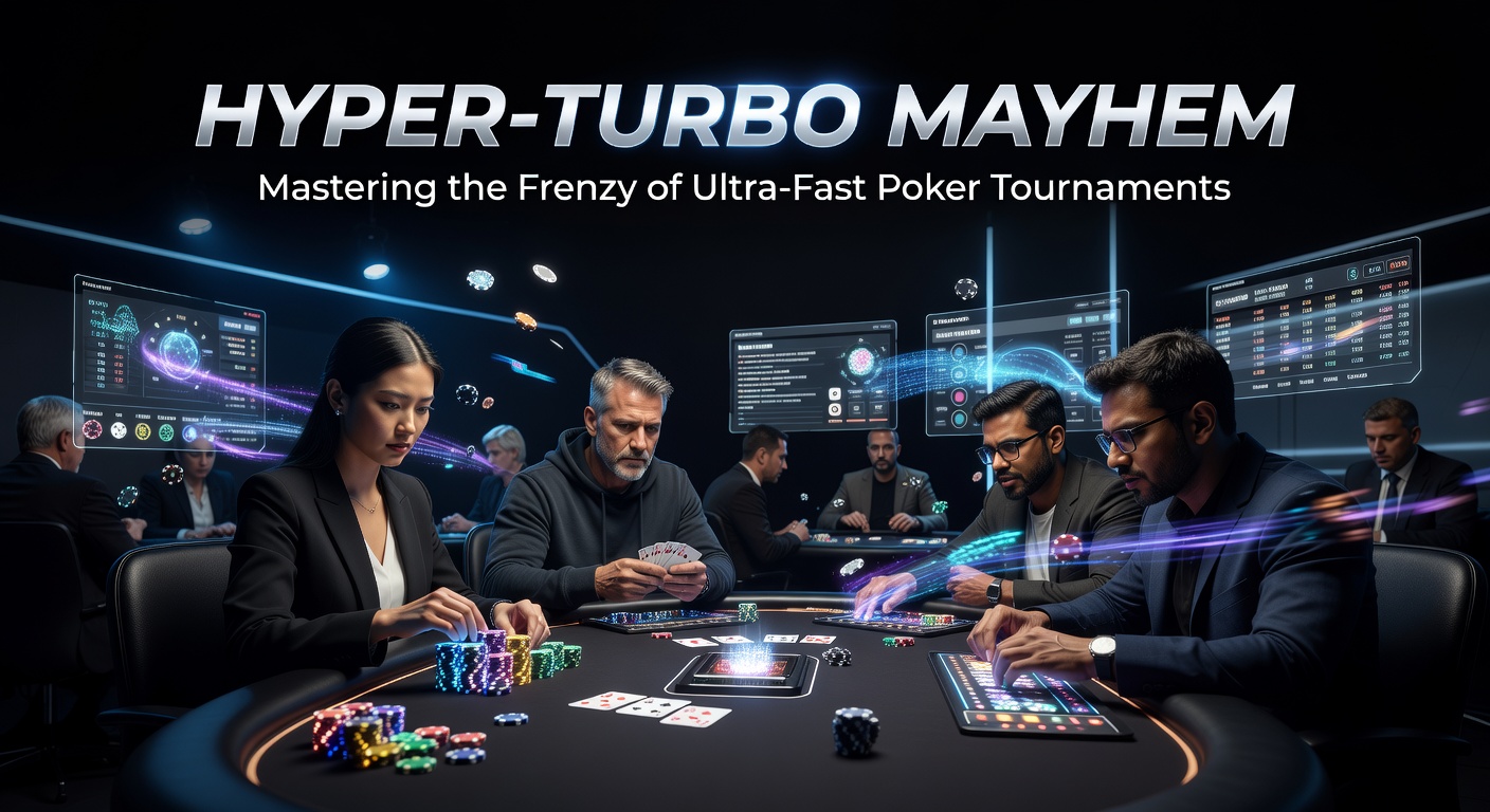 Intensiver Moment in einem Hyper-Turbo-Poker-Turnier mit Spielern am finalen Tisch unter Zeitdruck