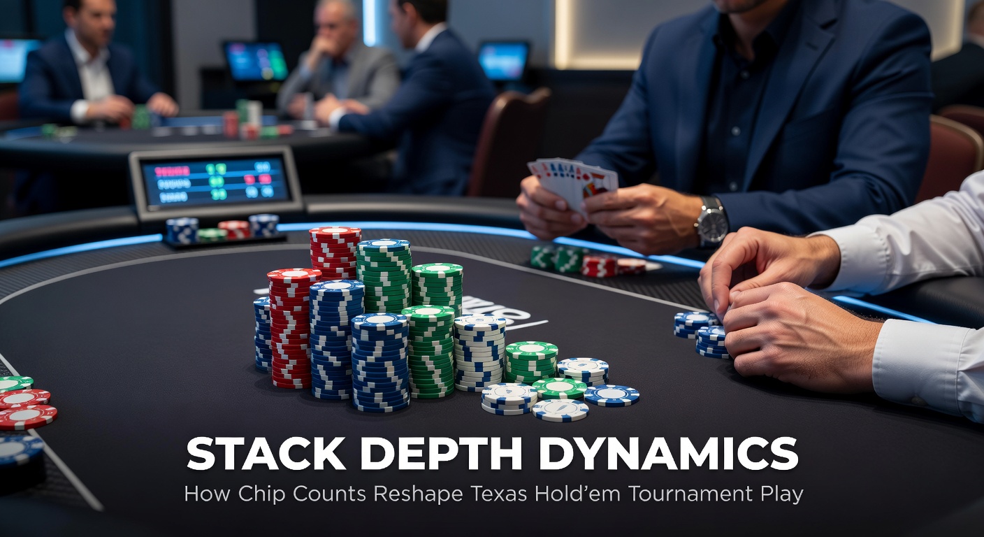 Poker-Spieler am Tisch analysieren ihre Stack-Größen während eines Texas Hold'em Turniers, mit Chips im Vordergrund und Karten im Hintergrund