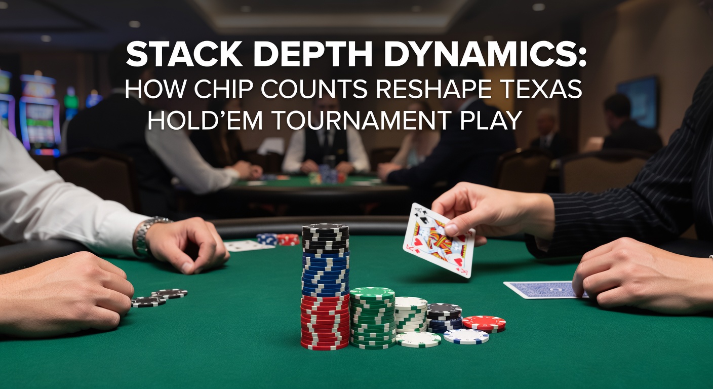 Nahaufnahme eines Poker-Tisches mit variierenden Chip-Stacks, einem Spieler im Push-Moment und Karten, die Stack-Dynamics illustrieren