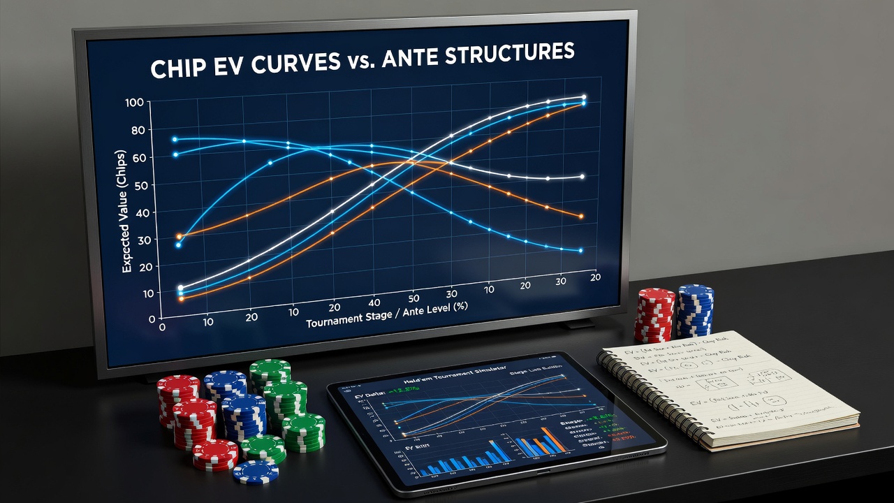 Diagramm zeigt Chip-EV-Kurven unter verschiedenen Ante-Strukturen in Texas Hold'em Turnieren
